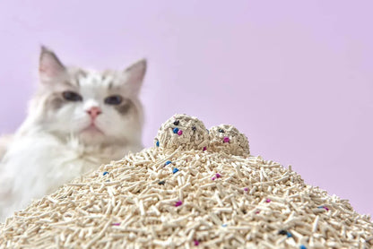A fluffy cat looking at rock-solid clumps resting on a pile of Michu Super-Mixed Tofu Cat Litter Pro Gen2, showcasing its superior clumping power and dust-free texture.
