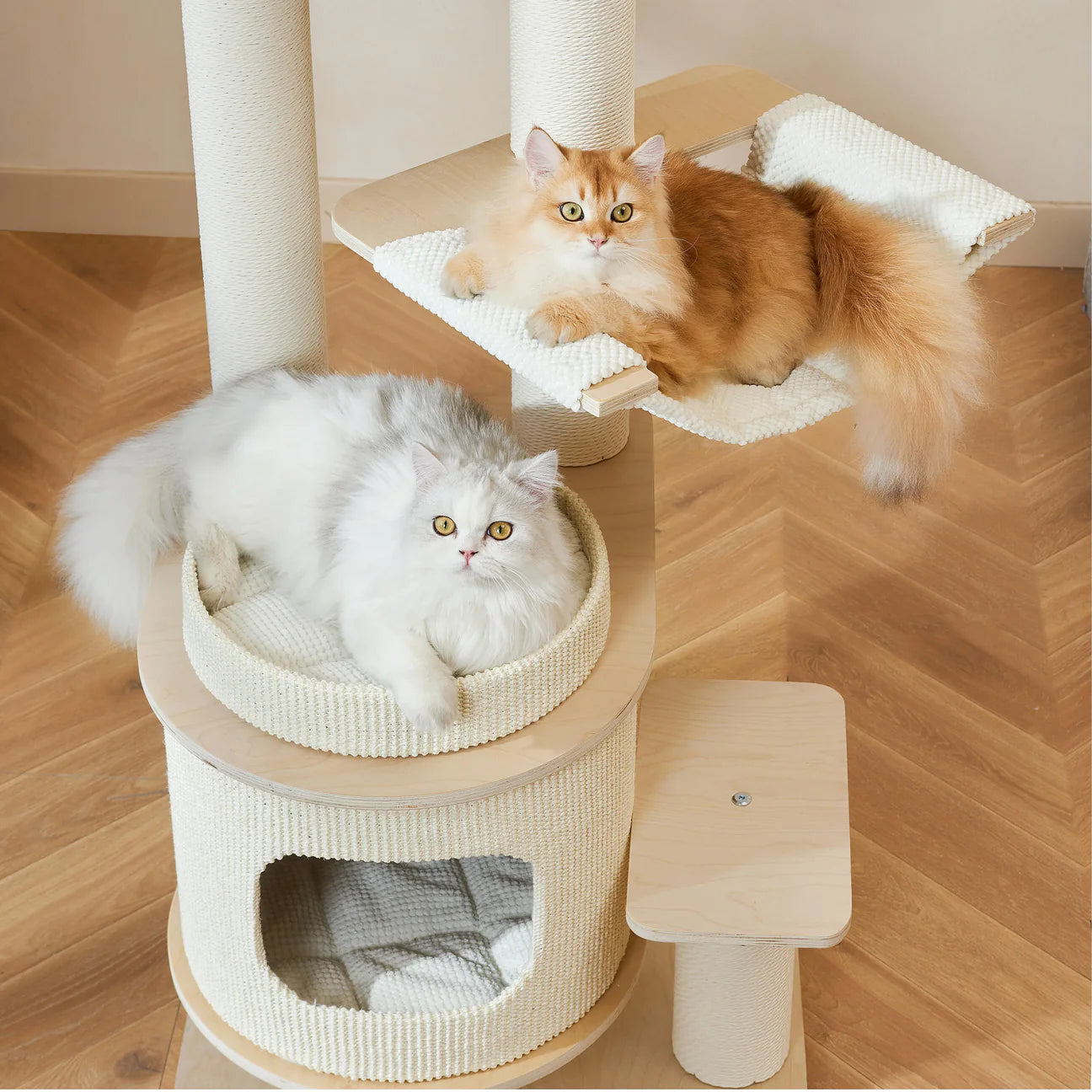 A golden cat lounging in a soft hammock and a white cat resting in a cushioned basket on the Michu Luna modern cat tree. Ideal for napping and multi-cat homes.