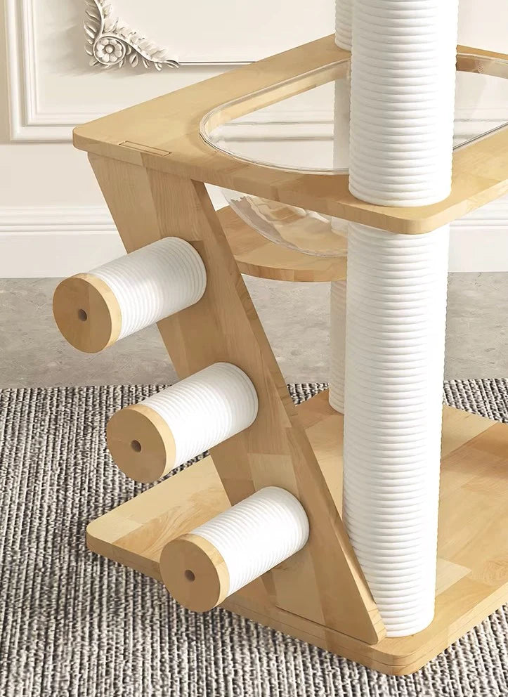 Wooden cat tree with a platform and scratching posts against a white wall.