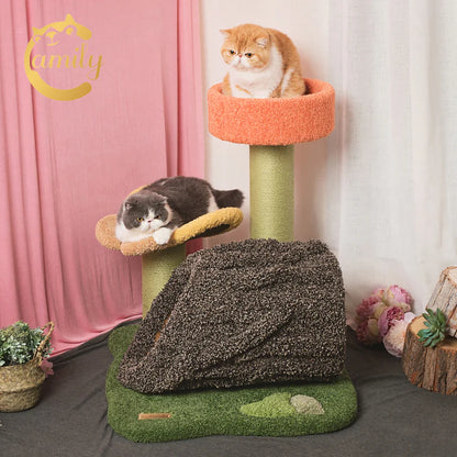 Two cats relaxing on the Camily Flower Grove Cat Tree. A grey and white cat lounges comfortably on the flower platform while an orange cat surveys the room from the high top-tier lookout.