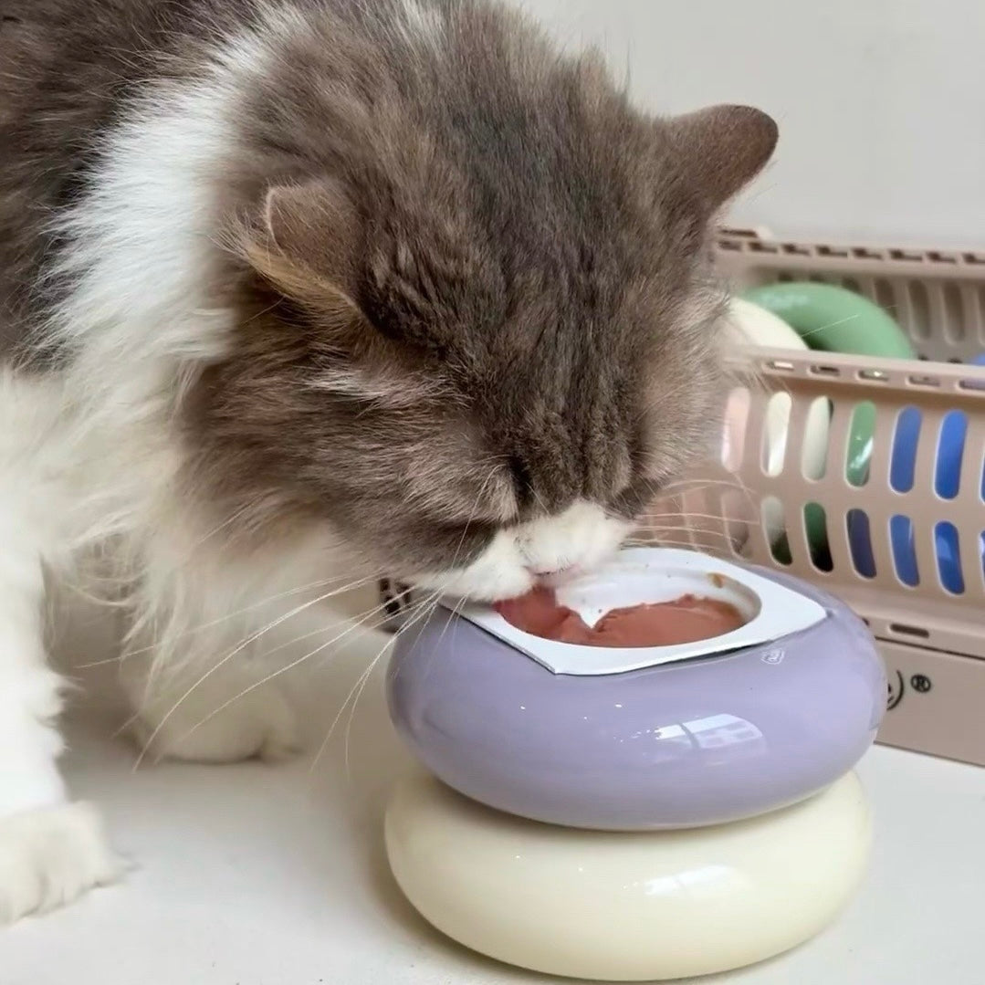 A long-haired fluffy cat eating wet food directly from a square foil tray securely held inside a lilac ceramic bagel bowl, demonstrating the "anti-scoot" design.