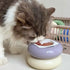 A long-haired fluffy cat eating wet food directly from a square foil tray securely held inside a lilac ceramic bagel bowl, demonstrating the "anti-scoot" design.