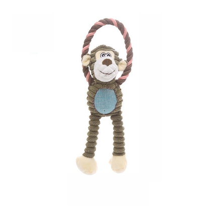 Full view of the Cheeky Monkey Corduroy Animal Plush Toy on a clean white background, showing its pink and brown cotton rope loop and blue belly patch.