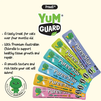 Infographic for YumGuard Puree Star treats highlighting Premium Australian Chlorella to support healthy tissue growth and repair. Features a smooth texture and rich taste for cats over four months old.