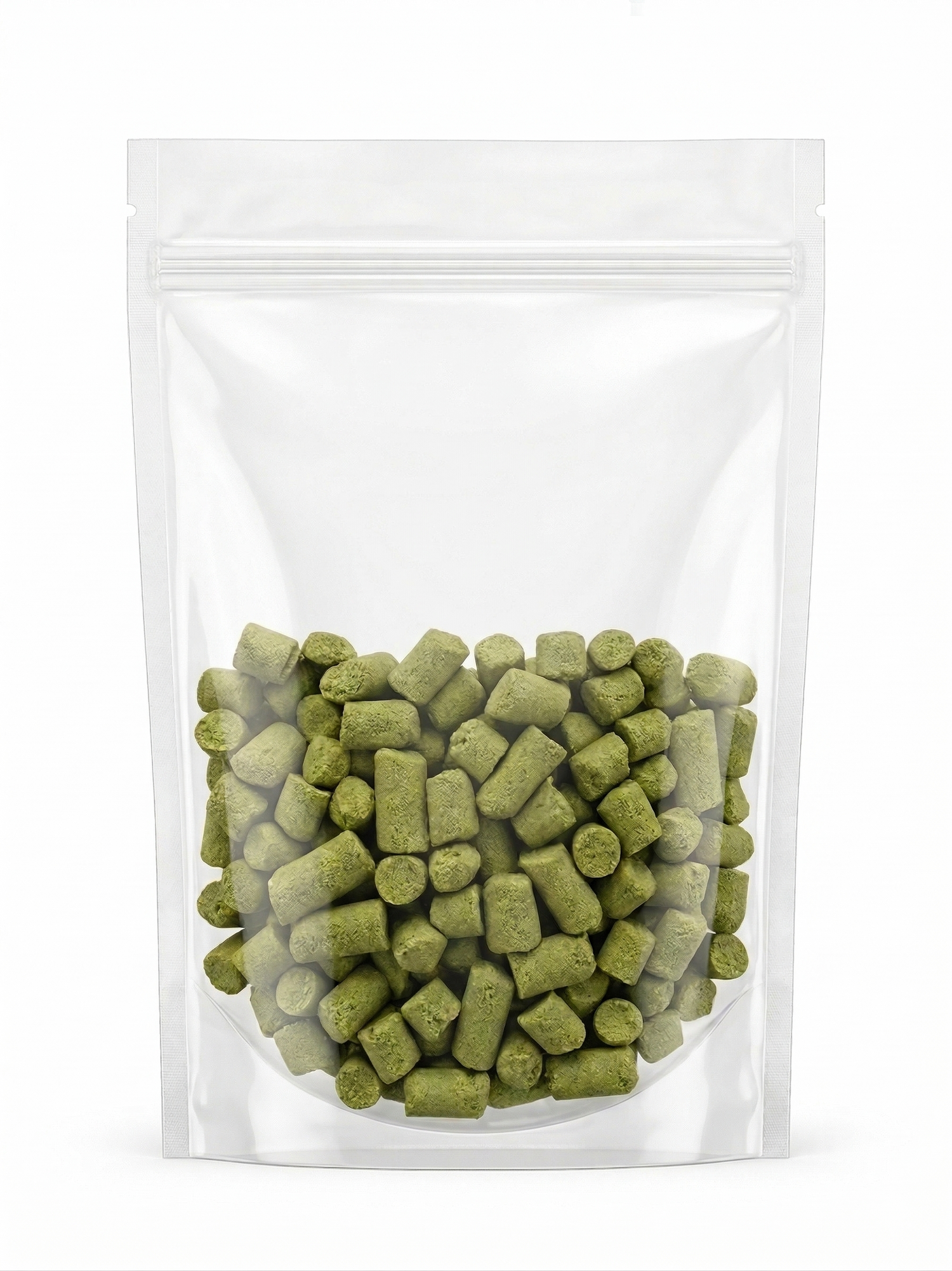 A clear, resealable pouch filled with bite-sized, green freeze-dried cat grass chunks, showcasing the convenient and mess-free hairball control treats for cats.