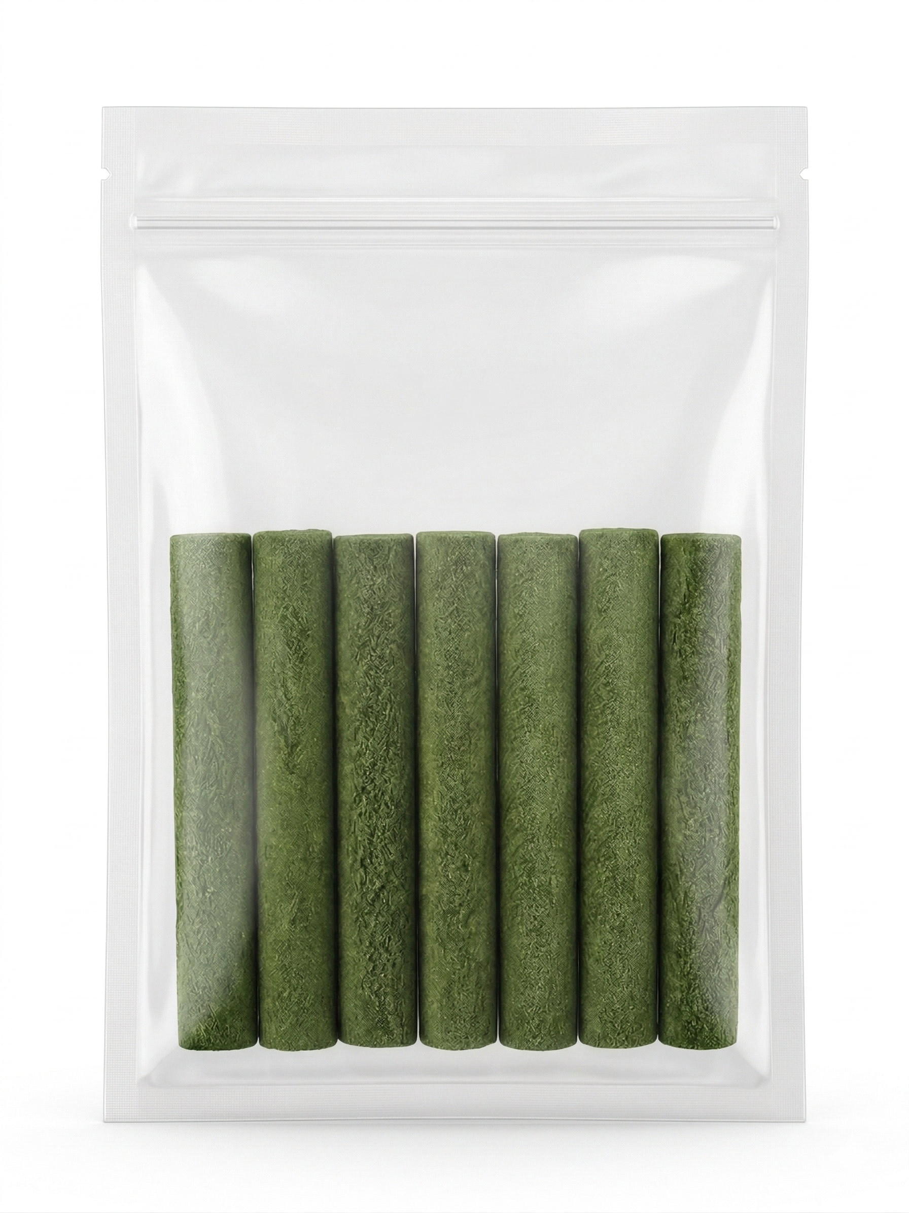 A clear, resealable pouch neatly packed with green freeze-dried cat grass sticks, highlighting the natural, mess-free alternative to growing live indoor cat grass.