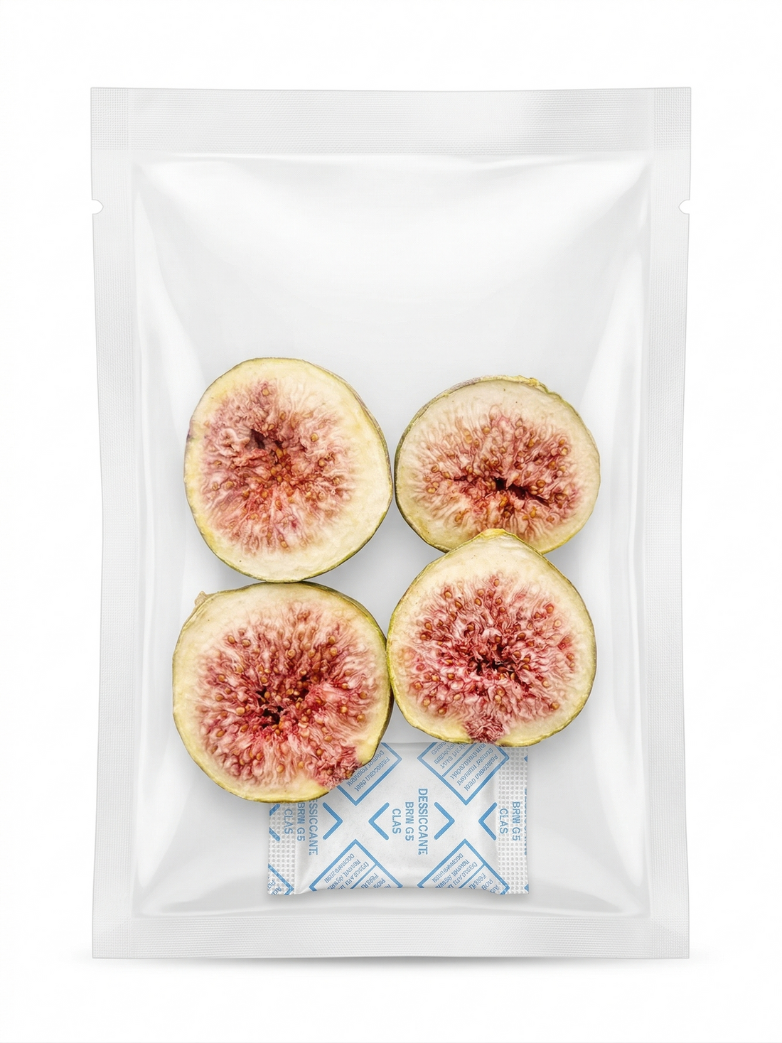 A clear, resealable 15g pouch containing four freeze-dried fig slices and a desiccant packet, emphasizing the convenient, portable packaging of this natural, sweet dog reward.
