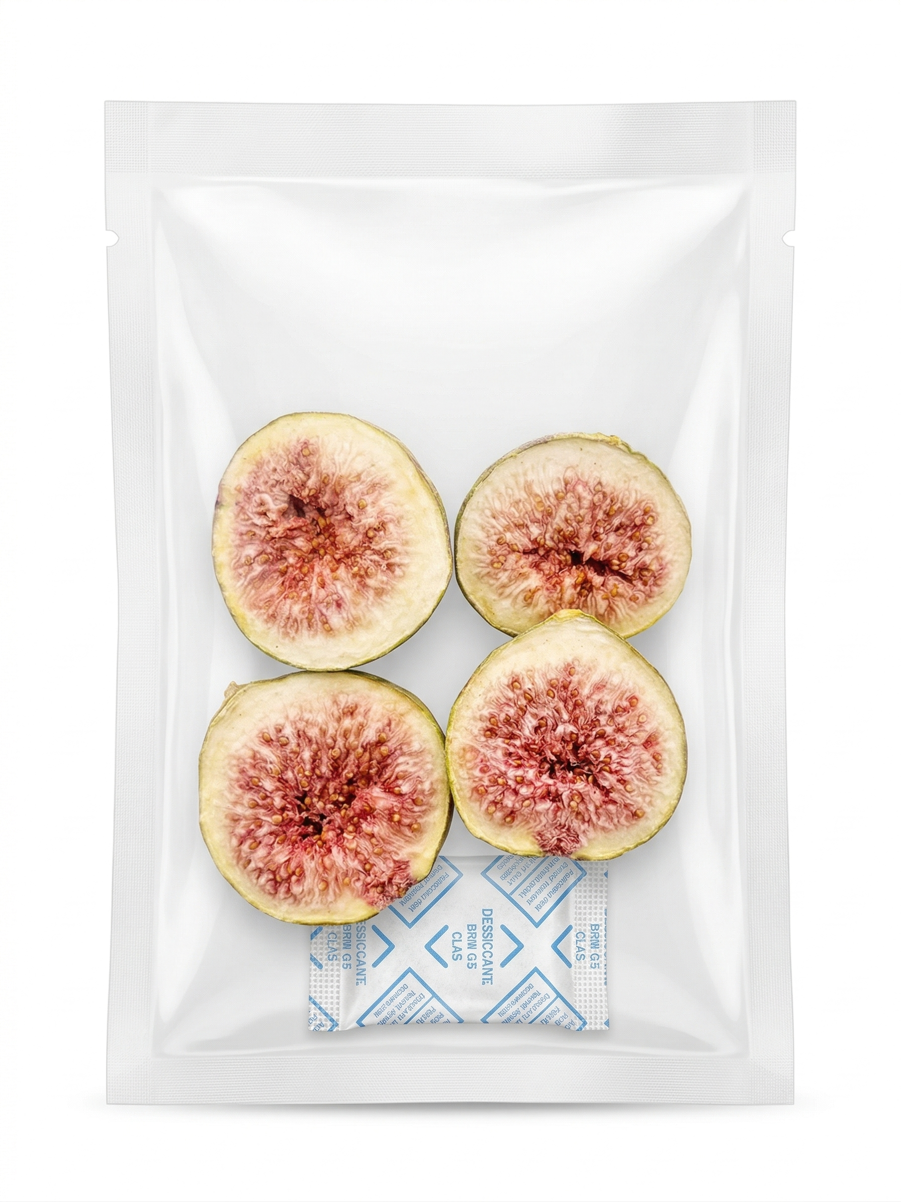 A clear, resealable 15g pouch containing four freeze-dried fig slices and a desiccant packet, emphasizing the convenient, portable packaging of this natural, sweet dog reward.