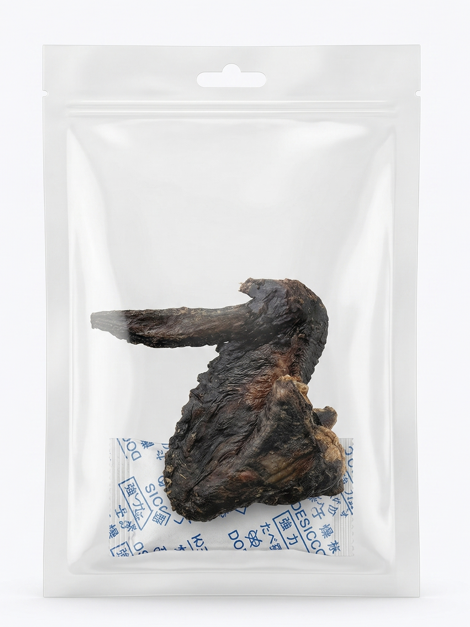 A clear, resealable pouch containing a single, dark-colored freeze-dried Silkie chicken wing with a desiccant packet, emphasizing its single-ingredient purity and natural dental crunch.