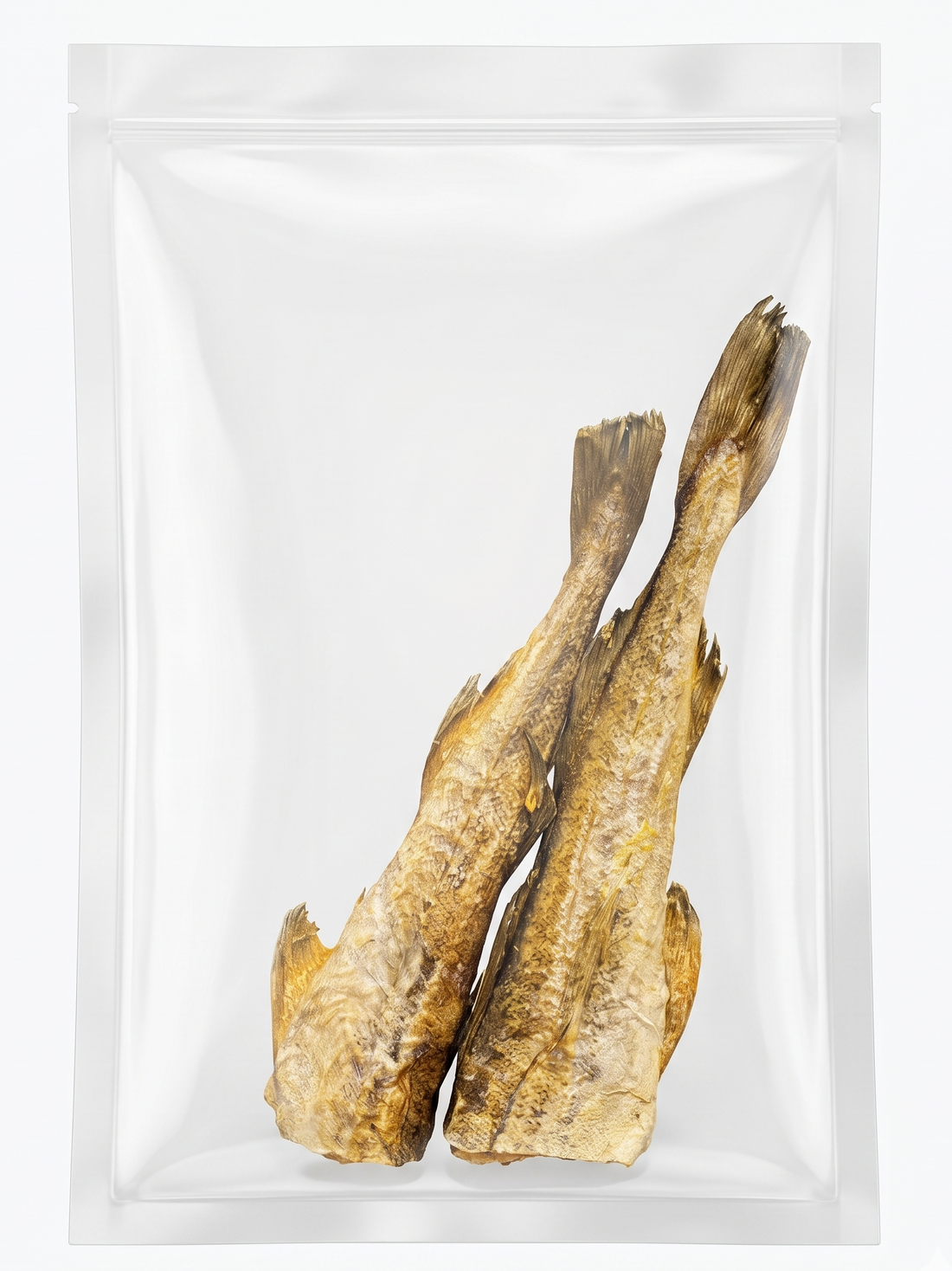 A clear, resealable pouch securely holding two whole freeze-dried cod fish, highlighting the clean, single-ingredient premium seafood reward.