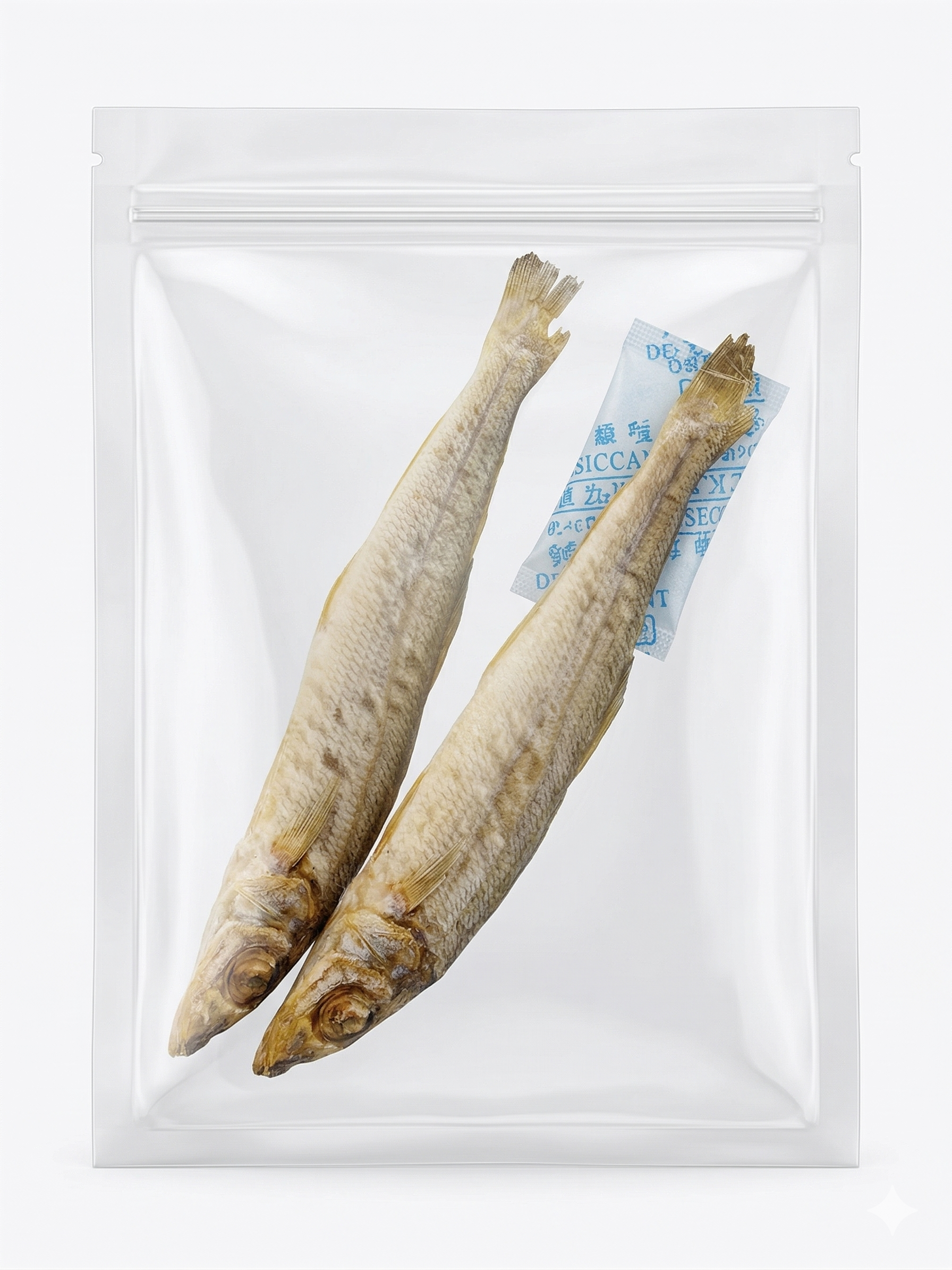 A clear, resealable pouch displaying two whole freeze-dried Silver Sillago fish with a desiccant packet, highlighting the single-ingredient purity and premium quality of the pet treats.