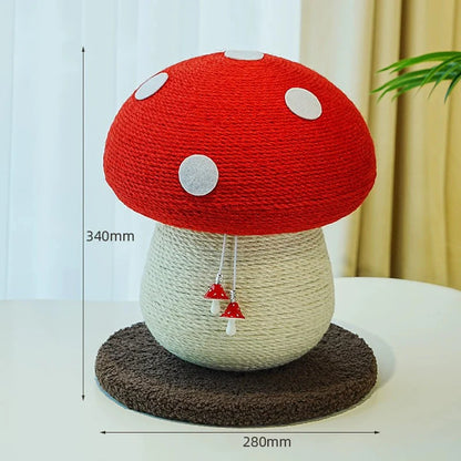 Dimensions of a compact version of the red mushroom cat scratching post, measuring 340mm by 280mm, featuring two charming dangling mini mushroom toys for extra play.
