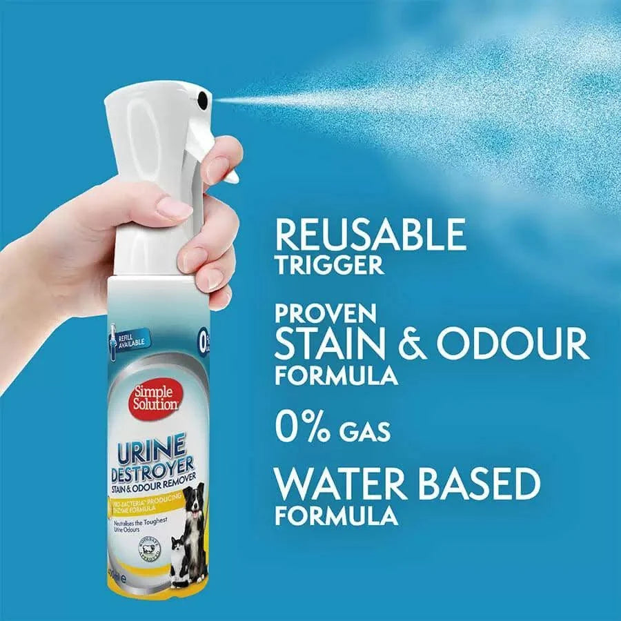 A hand holding the Simple Solution bottle, demonstrating the continuous fine mist spray against a blue background, highlighting its 0% gas, water-based formula, and reusable trigger.