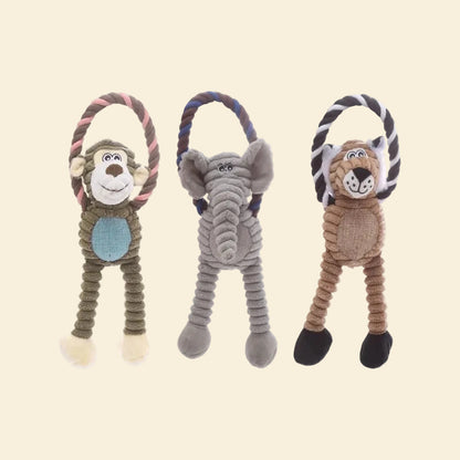 The complete Adorable Animal Trio collection of corduroy dog toys featuring the Cheeky Monkey, Gentle Elephant, and Brave Lion side-by-side.