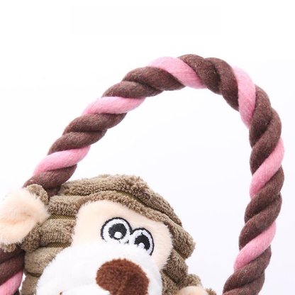 Close-up of the Cheeky Monkey corduroy toy, focusing on the tightly woven cotton rope handle perfect for tug-of-war and natural dental cleaning.