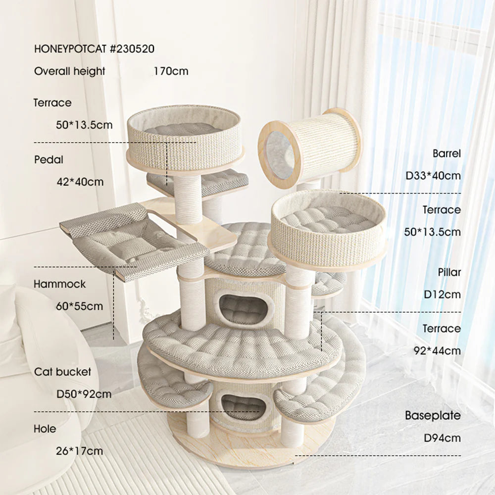 Detailed view of the integrated wooden cat barrel and minimalist cream plush cushion, providing a secure sanctuary for deep naps