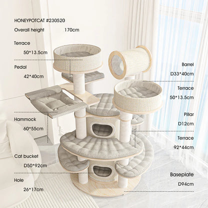 Detailed view of the integrated wooden cat barrel and minimalist cream plush cushion, providing a secure sanctuary for deep naps