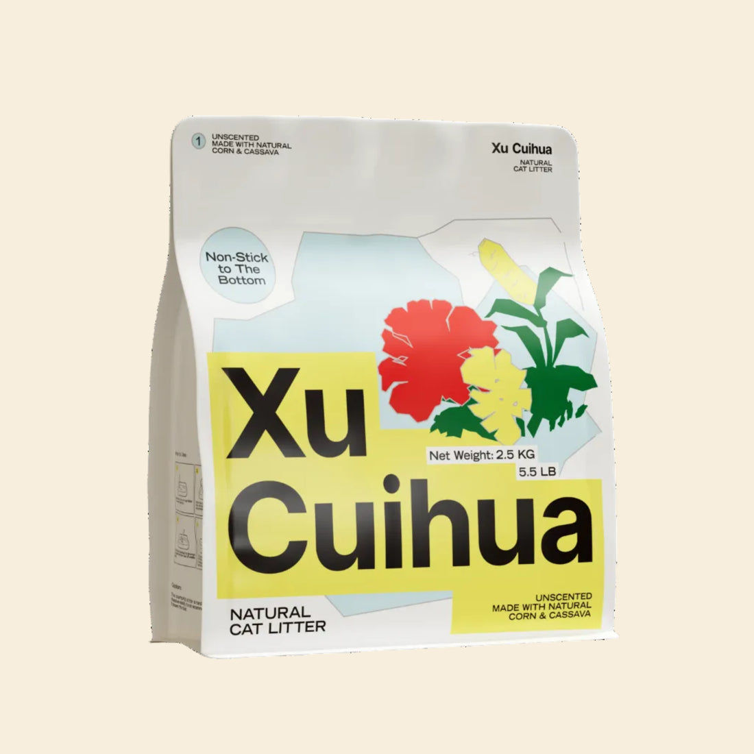 A single bag of Cuihua Xu Natural Cassava Cat Litter. It prevents clumps from sticking to the tray, ensuring a cleaner scooping experience