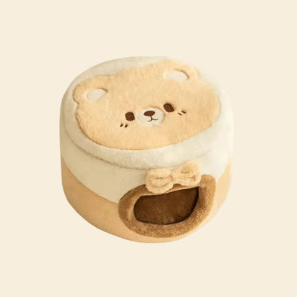 A clean studio shot of the premium 2-in-1 plush cat bed in its enclosed cave style, showcasing the beige animal face design on the roof and the soft faux rabbit fur.