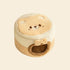 A clean studio shot of the premium 2-in-1 plush cat bed in its enclosed cave style, showcasing the beige animal face design on the roof and the soft faux rabbit fur.