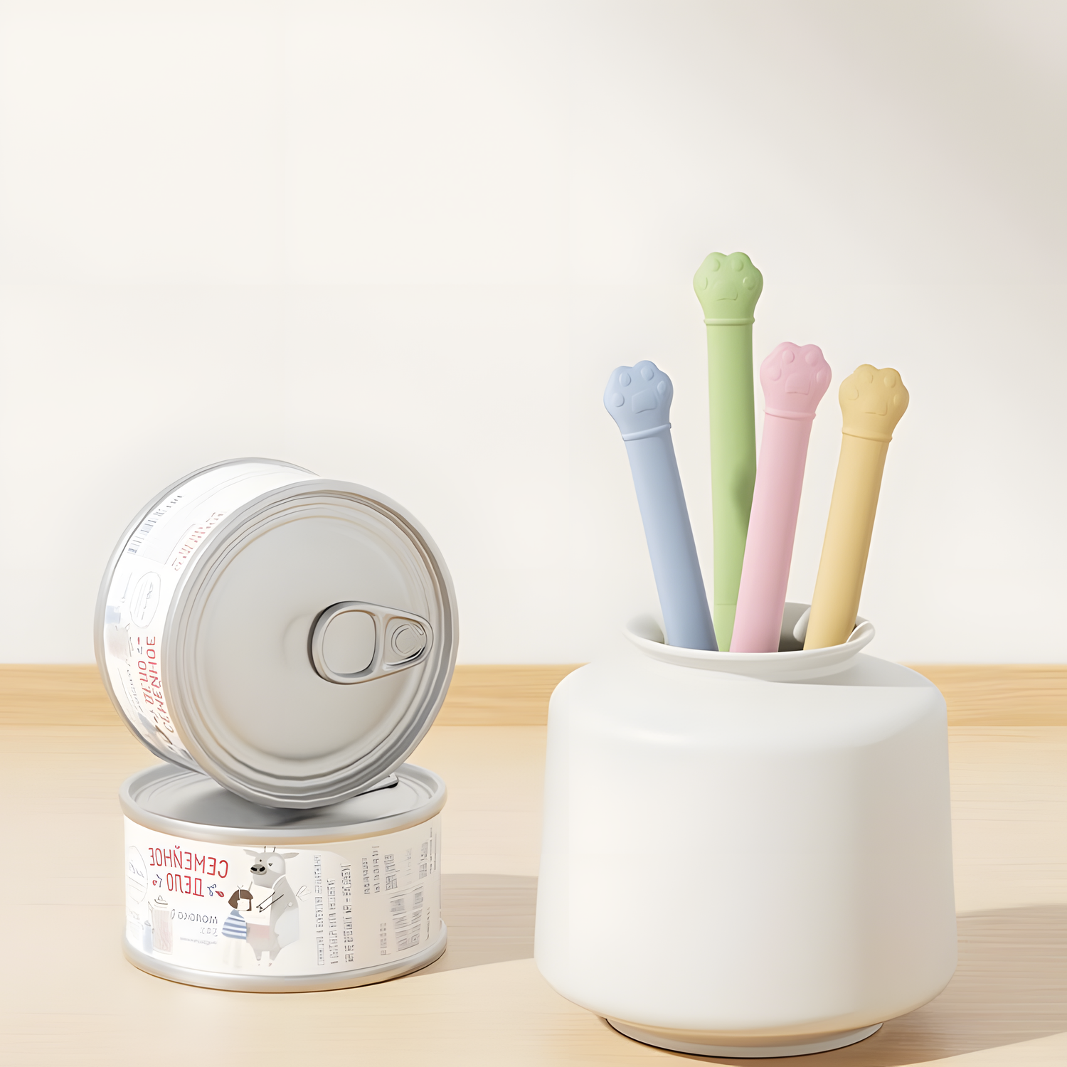 Four pastel-colored silicone pet food spatulas with cute paw print handles stored neatly in a white ceramic vase next to stacked pet food cans.