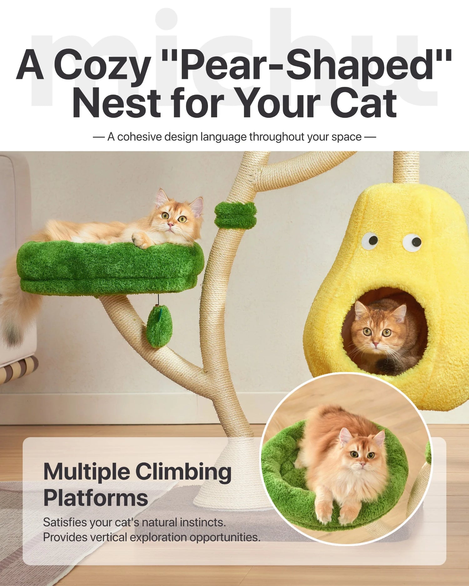 A cozy yellow pear-shaped cat nest and avocado-green plush climbing platforms on the Michu Verde cat tree. Provides vertical exploration and a secure, whimsical hideaway for cats.