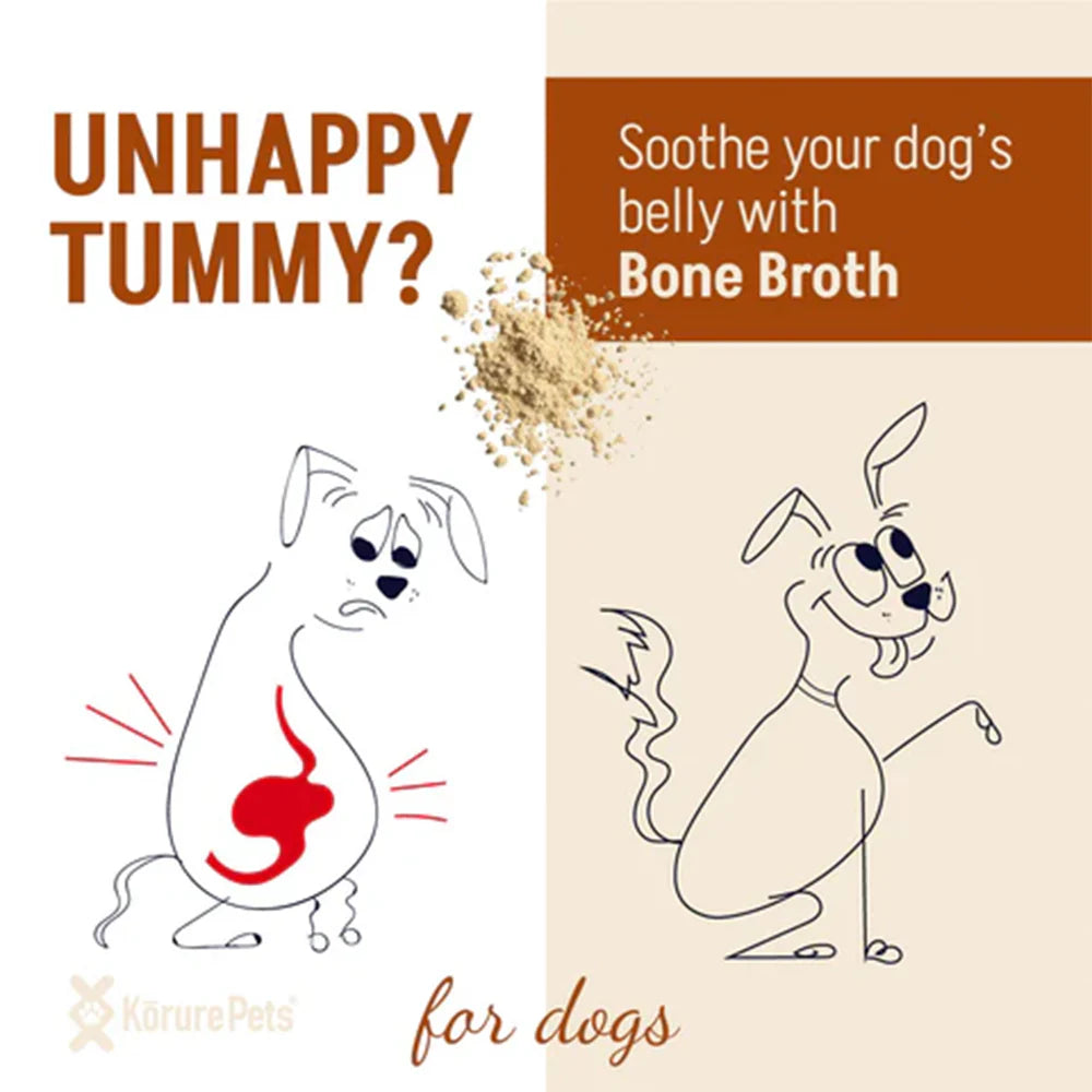 An illustration contrasting a sad dog with a red, upset stomach against a happy, healed dog. Text reads &