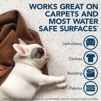 A French Bulldog puppy sleeping peacefully next to text explaining that the formula works great on carpets, upholstery, clothes, bedding, and fabrics.