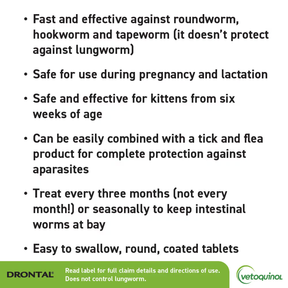 Drontal Cat Allwormer benefits for kittens from six weeks, pregnant and lactating cats, with three-monthly treatment guidance
