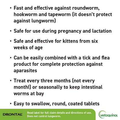 Drontal Cat Allwormer benefits for kittens from six weeks, pregnant and lactating cats, with three-monthly treatment guidance