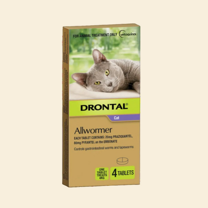 Drontal Cat Allwormer 4-tablet pack for roundworm, hookworm and tapeworm control, with one tablet treating up to 4kg
