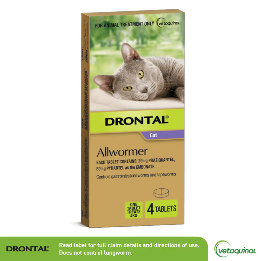 Drontal Cat Allwormer 4-tablet box by Vetoquinol for controlling gastrointestinal roundworms, hookworms and tapeworms in cats