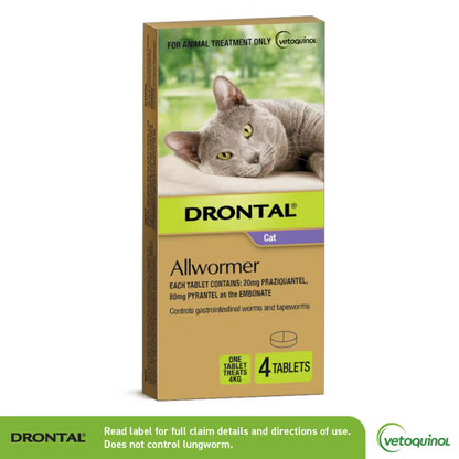 Drontal Cat Allwormer 4-tablet box by Vetoquinol for controlling gastrointestinal roundworms, hookworms and tapeworms in cats