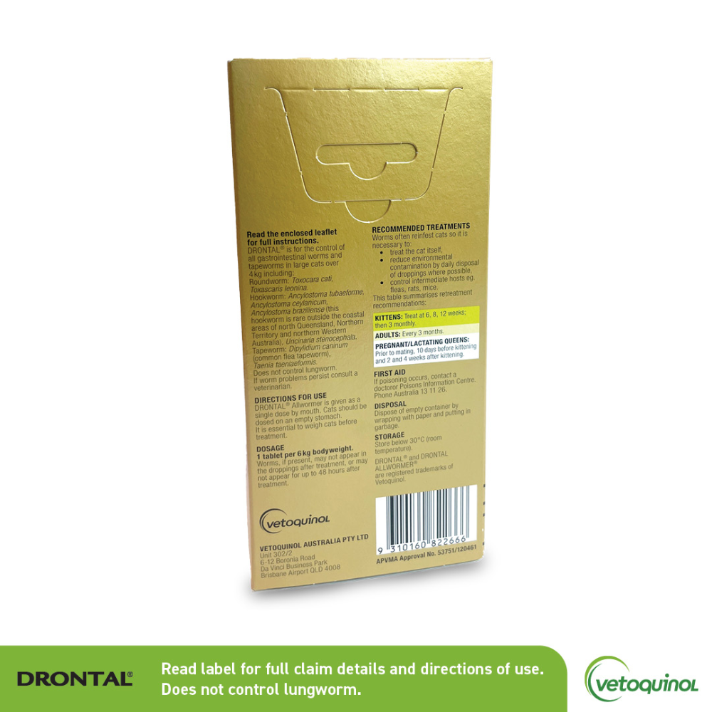 Back of Drontal Large Cat Allwormer 2-tablet pack showing controlled worm species, dosage, treatment schedule and storage directions