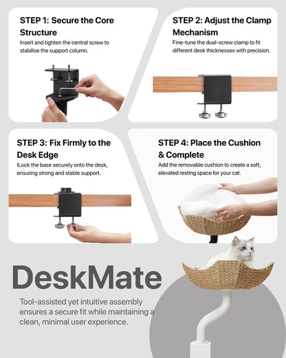 Four-step assembly guide for the DeskMate: secure the core structure, adjust the clamp mechanism, fix firmly to the desk edge, and place the cushion.