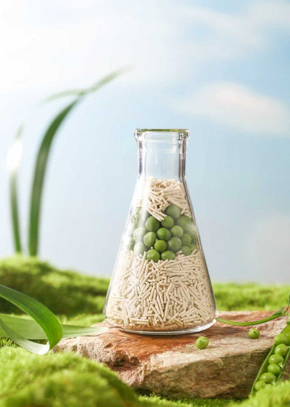 A laboratory flask filled with layers of green peas and tofu cat litter resting on a mossy stone outdoors, symbolizing the eco-friendly and scientifically crafted plant-based formula.