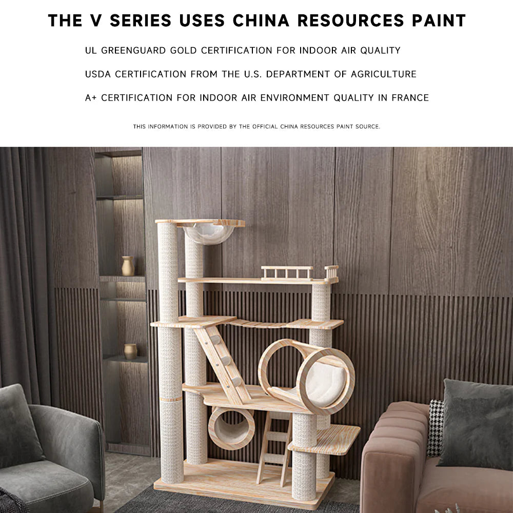 The HONEYPOTCAT Knightsbridge cat tree highlighting its use of certified eco-friendly China Resources Paint for a safe and natural aesthetic.