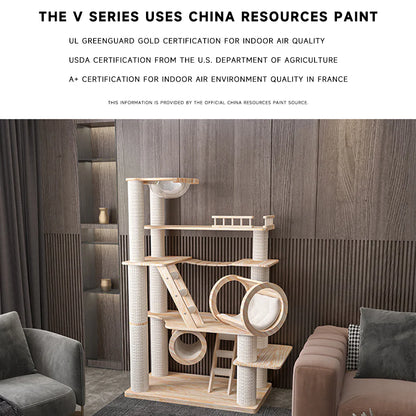 The HONEYPOTCAT Knightsbridge cat tree highlighting its use of certified eco-friendly China Resources Paint for a safe and natural aesthetic.