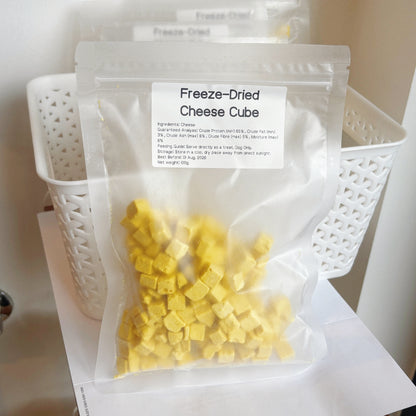 A 100g bag of Lejoyee Freeze-Dried Cheese Cubes, 65% protein, shelf-stable real cheese treats made in Australia.