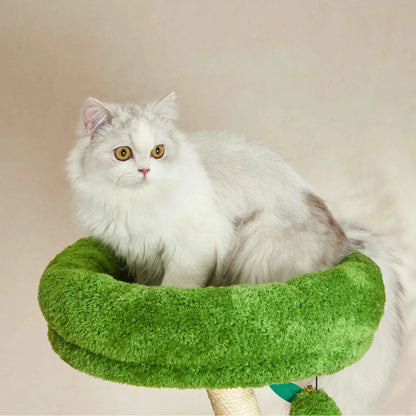 A beautiful white and silver fluffy cat sitting elegantly in the soft green plush basket of the Michu Verde cat tree, blending perfectly with modern home decor.