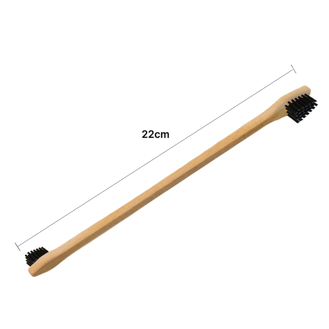 A dimension guide for the Essential Dog bamboo pet toothbrush, showing its 22cm ergonomic length and featuring the sustainable bamboo handle with soft black nylon bristles on both ends.