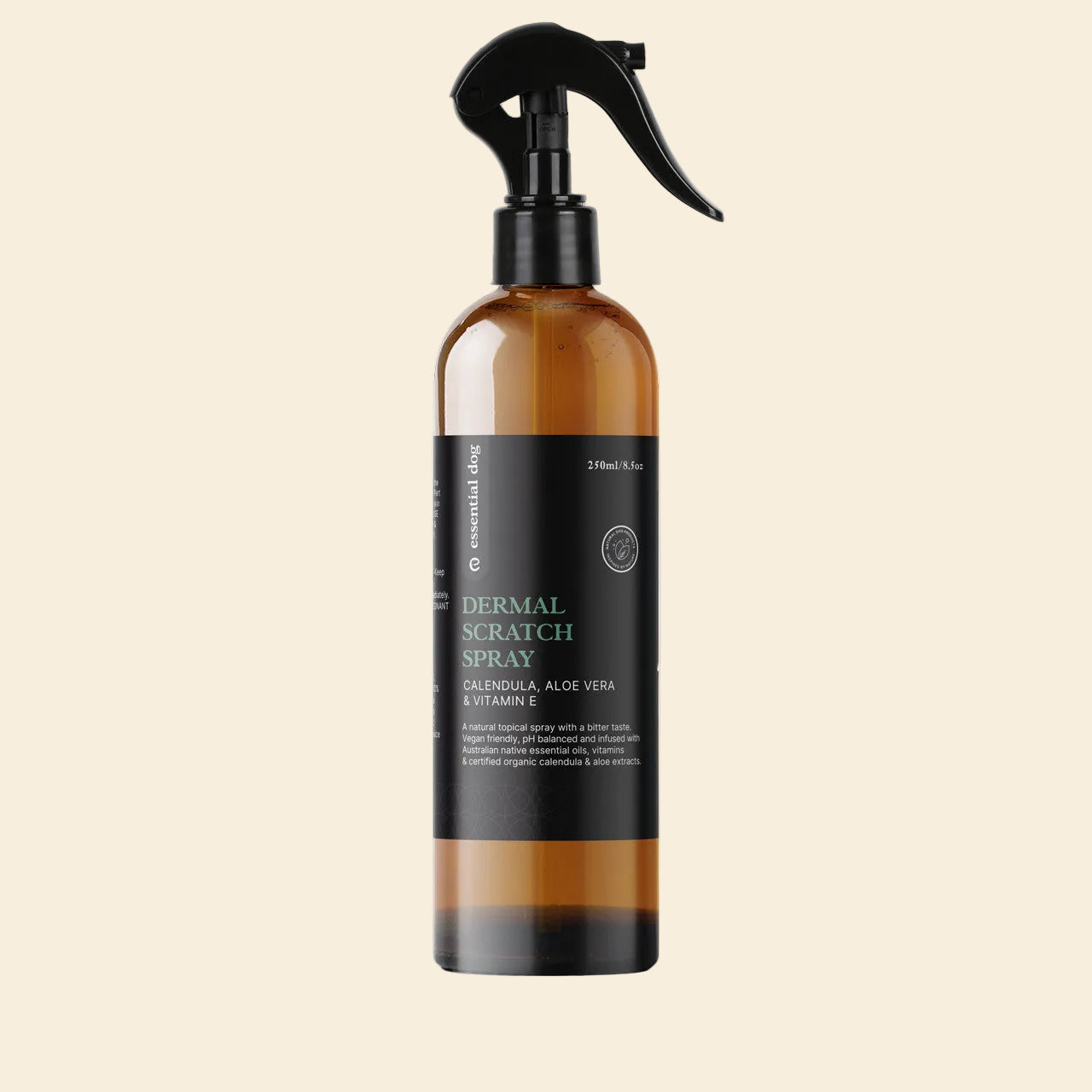 250ml bottle of Essential Dog Dermal Scratch Spray. A natural, steroid-free anti-itch mist formulated with certified organic Calendula and Aloe Vera to soothe irritated skin