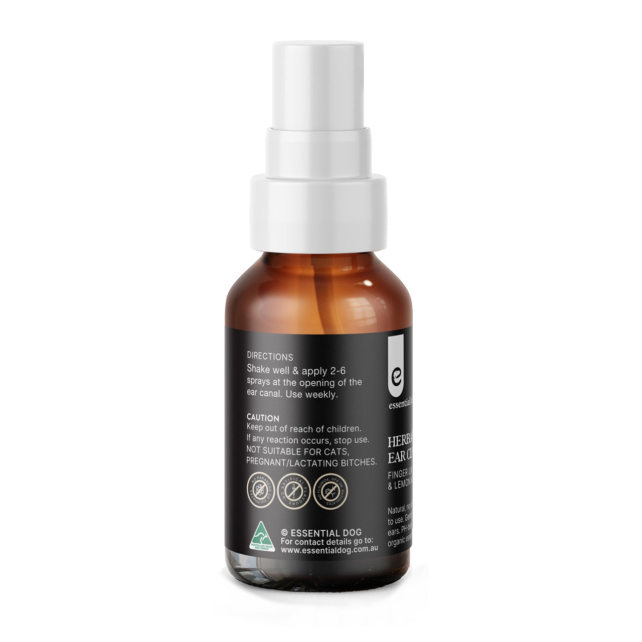 Side view of the Essential Dog ear cleaner bottle, detailing the directions to apply 2-6 sprays weekly, alongside caution notes that it is not suitable for cats or pregnant and lactating dogs.