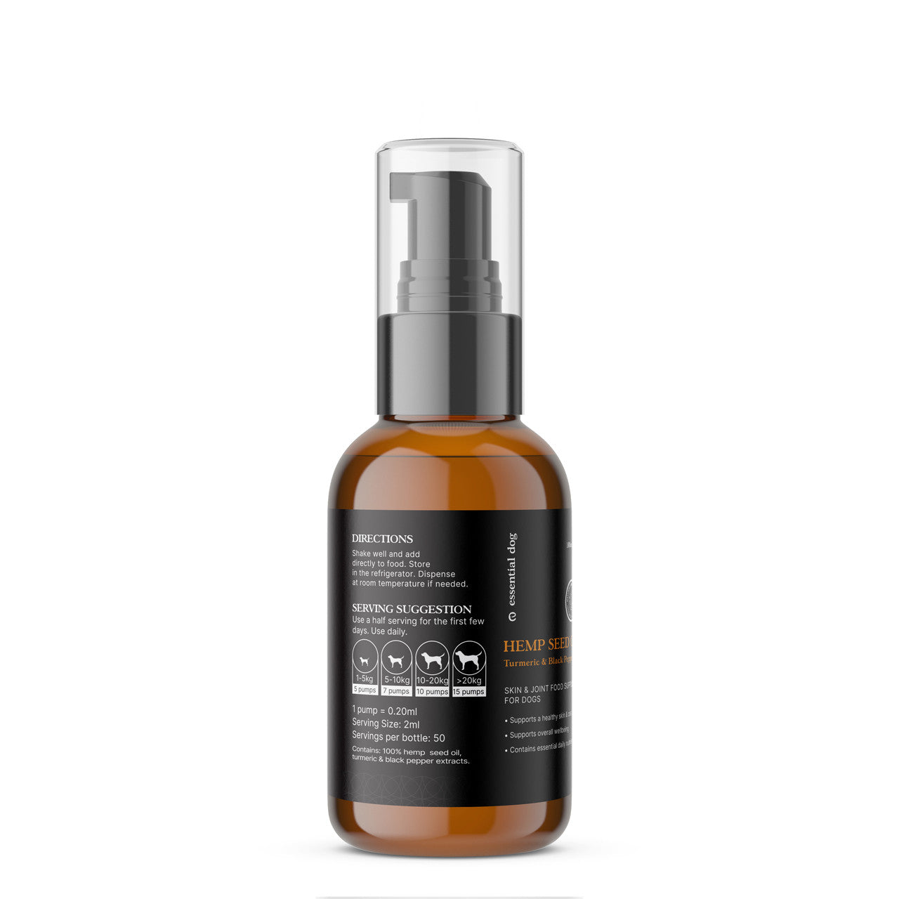 The side of the Essential Dog Hemp Seed Oil+ bottle detailing the feeding directions, exact pump dosages based on dog weight, and serving suggestions.