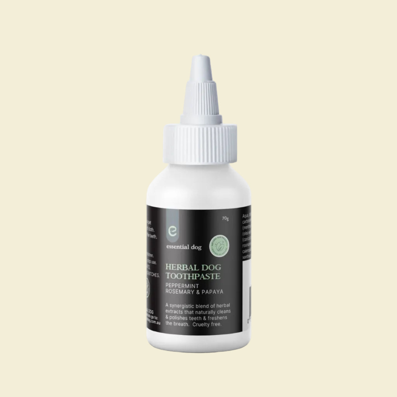 Front view of the 70g Essential Dog Herbal Dog Toothpaste bottle, highlighting the peppermint, rosemary, and papaya synergistic blend for naturally clean and polished teeth.