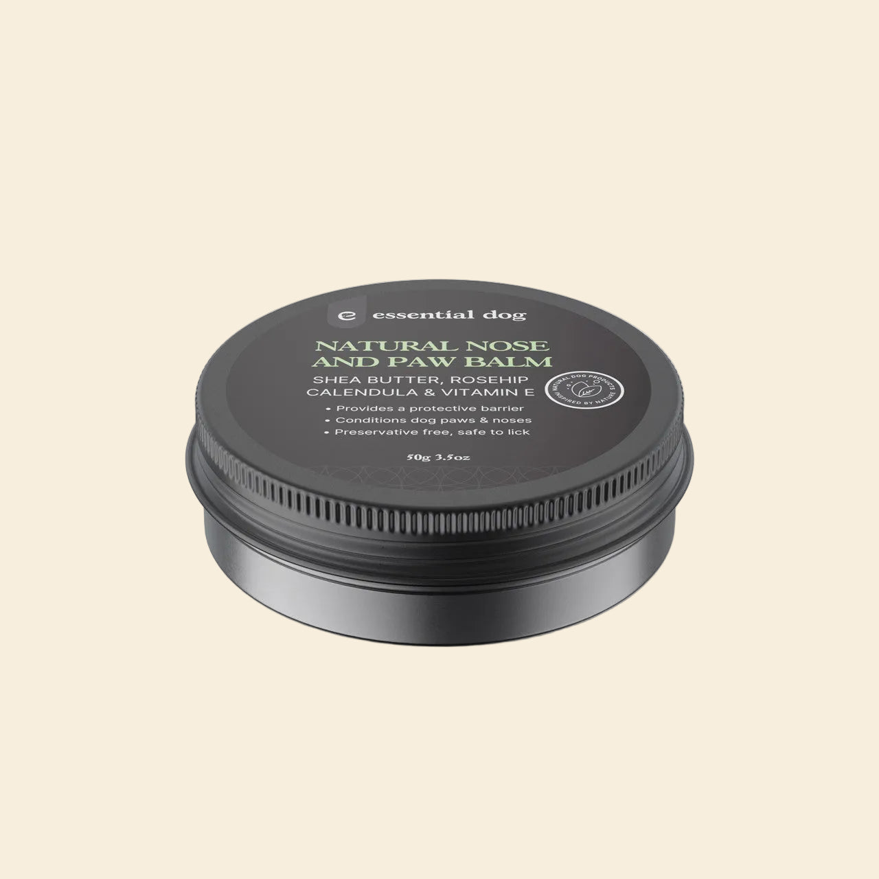 50g tin of Essential Dog Natural Nose and Paw Balm. A lick-safe healing balm formulated with shea butter, rosehip, and vitamin E to soothe dry, cracked paws and noses