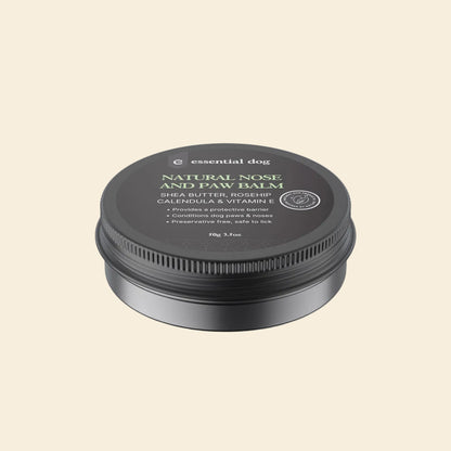 50g tin of Essential Dog Natural Nose and Paw Balm. A lick-safe healing balm formulated with shea butter, rosehip, and vitamin E to soothe dry, cracked paws and noses