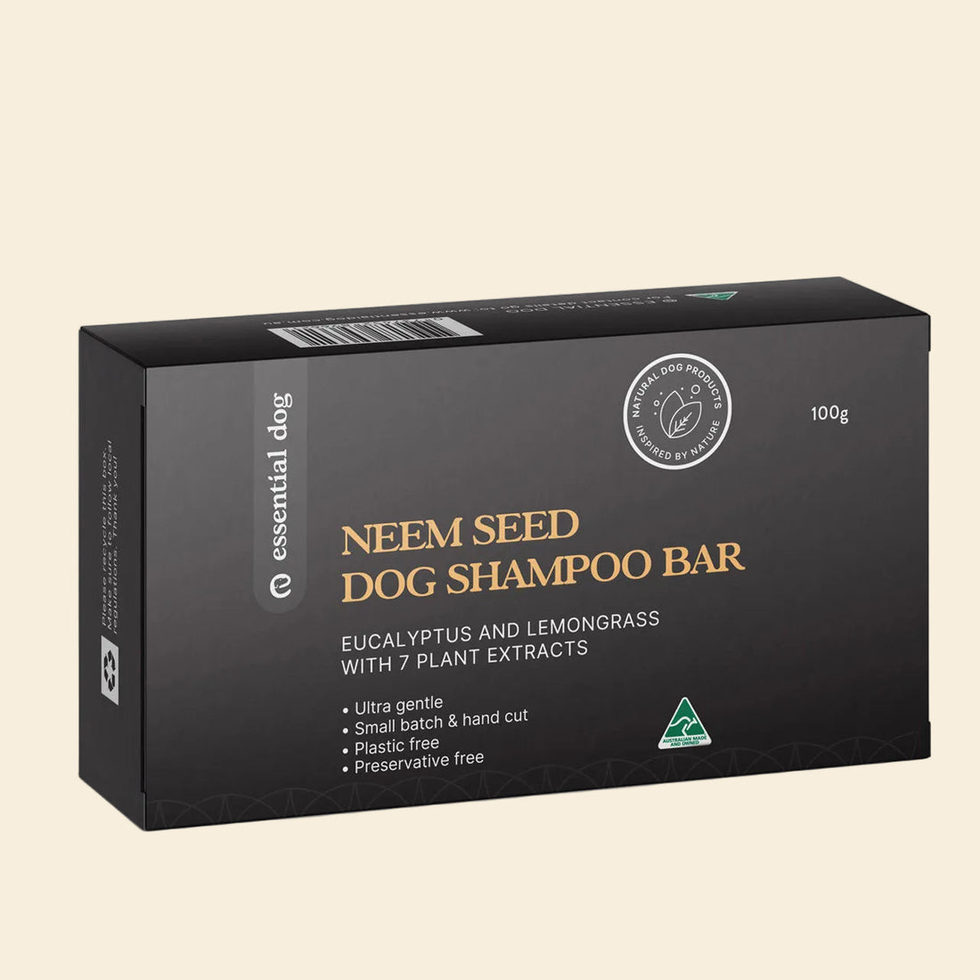 100g box of Essential Dog Neem Seed Shampoo Bar. A handcrafted, plastic-free solid bar scented with eucalyptus and lemongrass for a zero-waste, antibacterial wash