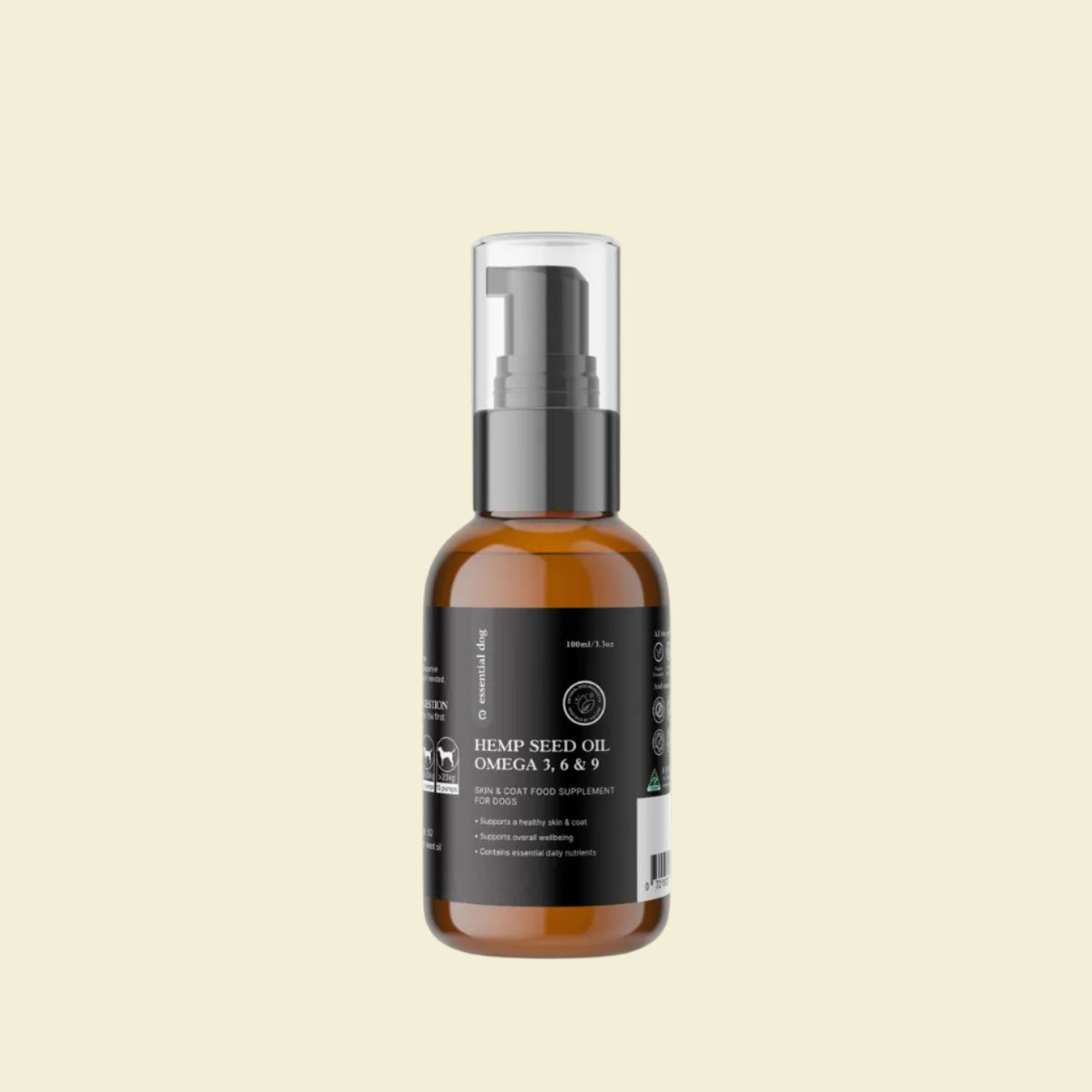 Front view of the 100ml Essential Dog raw hemp seed oil bottle with a black pump dispenser, highlighting its Omega 3, 6, and 9 formula for skin and coat support.