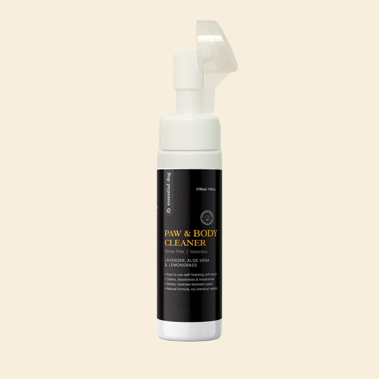 150ml Essential Dog Rinse-Free Paw Cleaner with a built-in soft silicone brush head. A natural, waterless foaming cleanser infused with aloe and lavender.